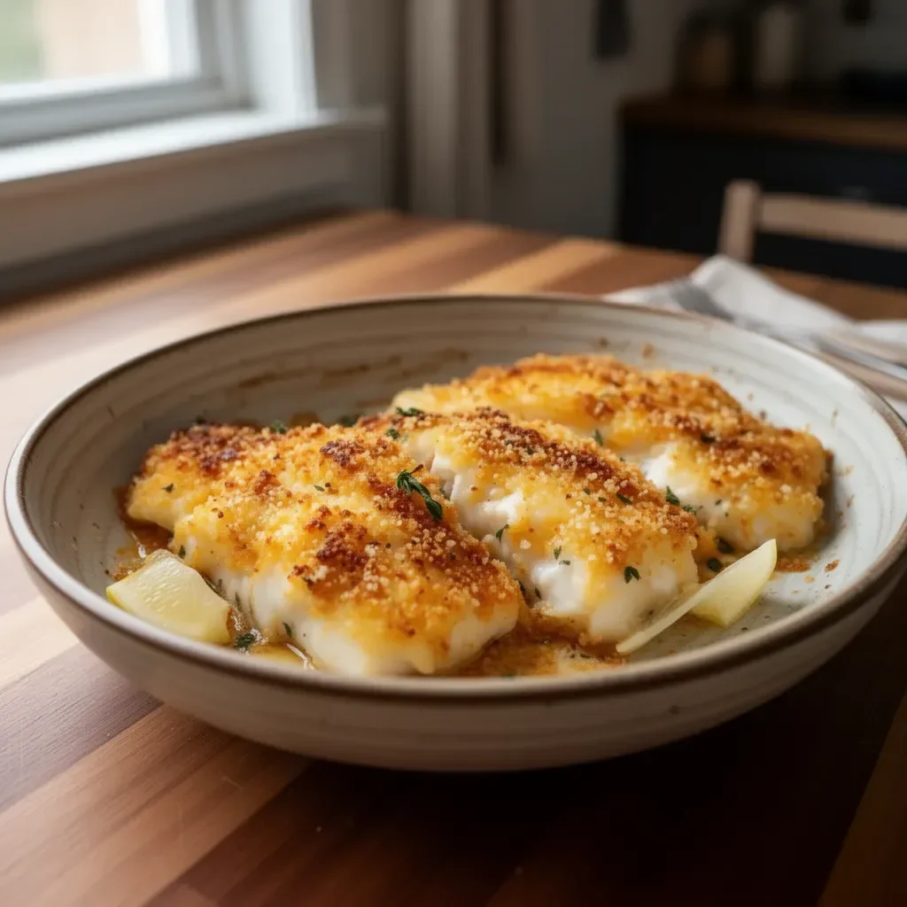 Parmesan Crusted Cod fillets served with lemon and herbs