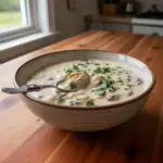 Bowl of creamy Paula Deen's Oyster Stew garnished with herbs
