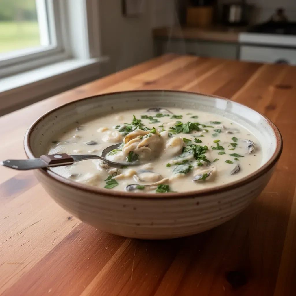 Bowl of creamy Paula Deen's Oyster Stew garnished with herbs