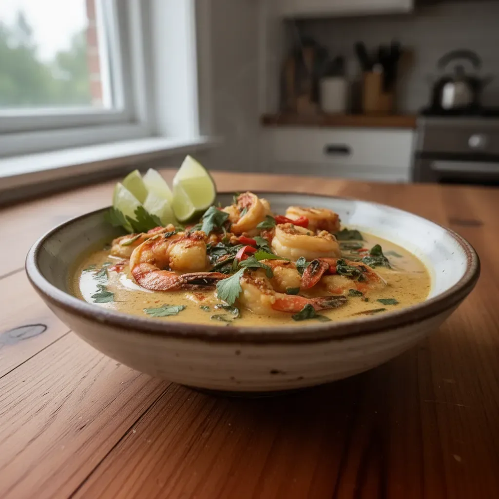 Delicious quick coconut curry with shrimp served in a bowl