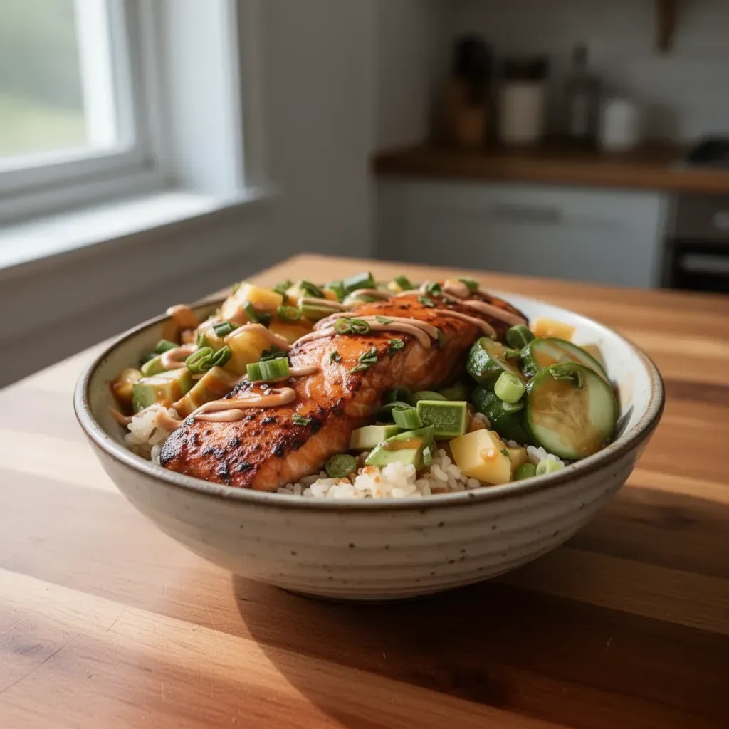 Colorful salmon bowls with fresh vegetables and grains for a healthy meal