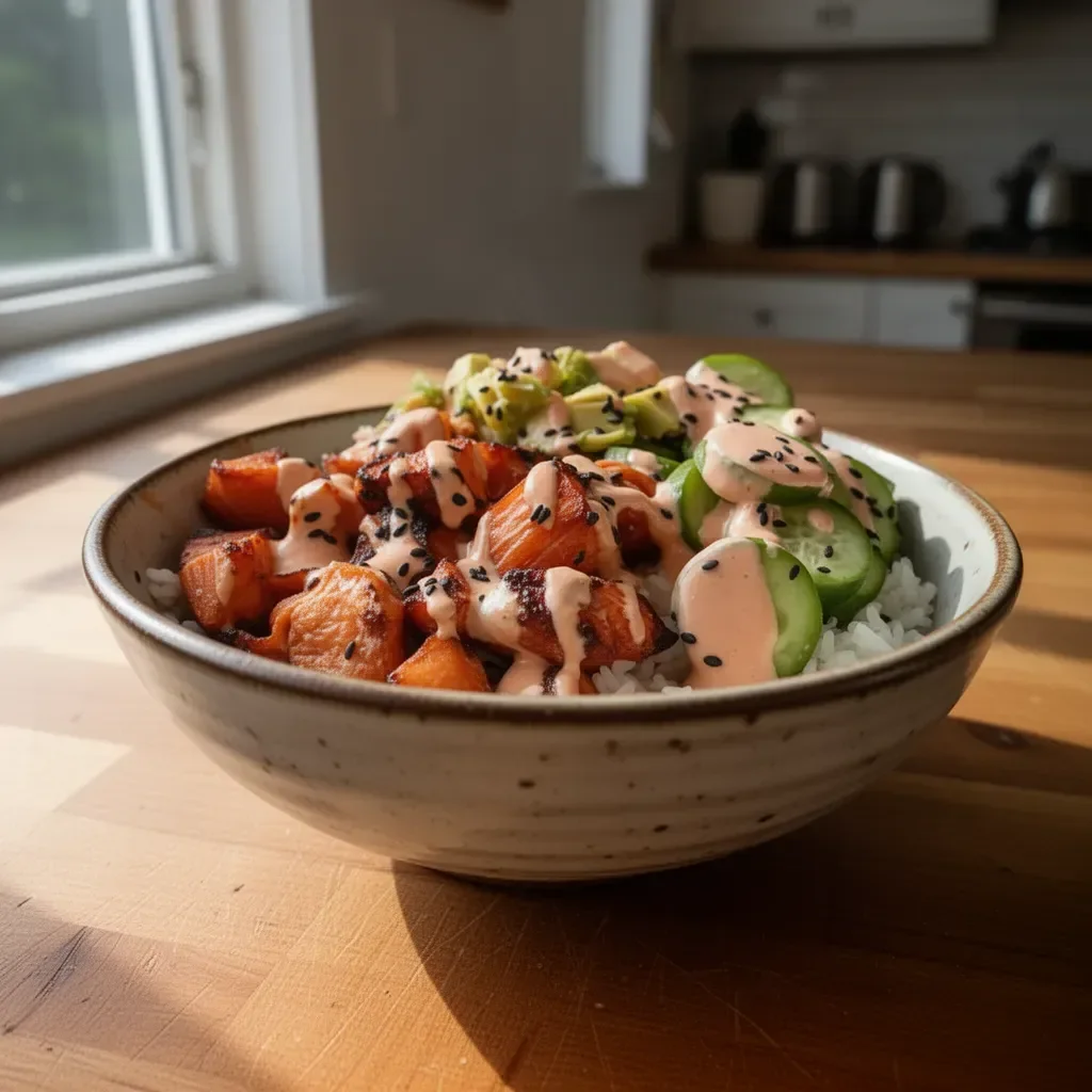 Delicious Salmon Rice Bowl with fresh ingredients and vibrant colors