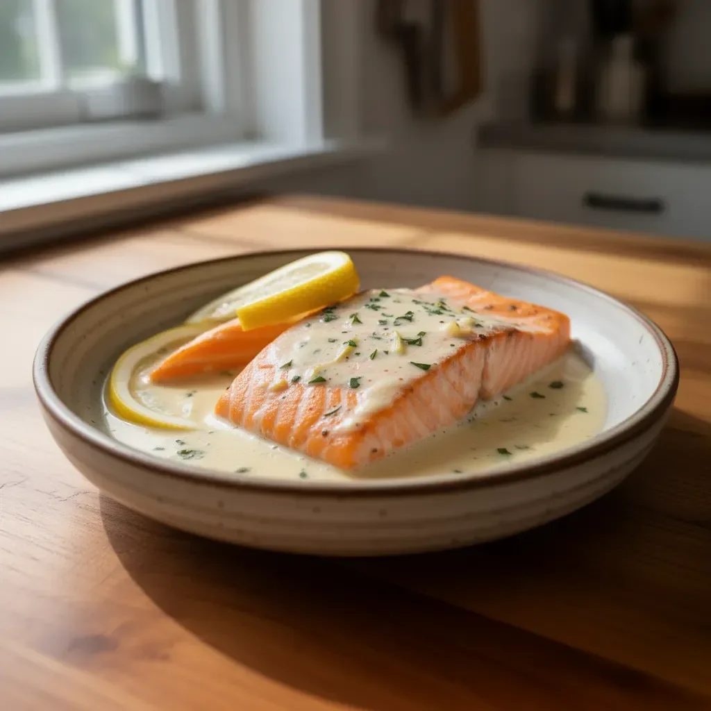 Pan-seared salmon fillet topped with creamy lemon sauce and herbs.
