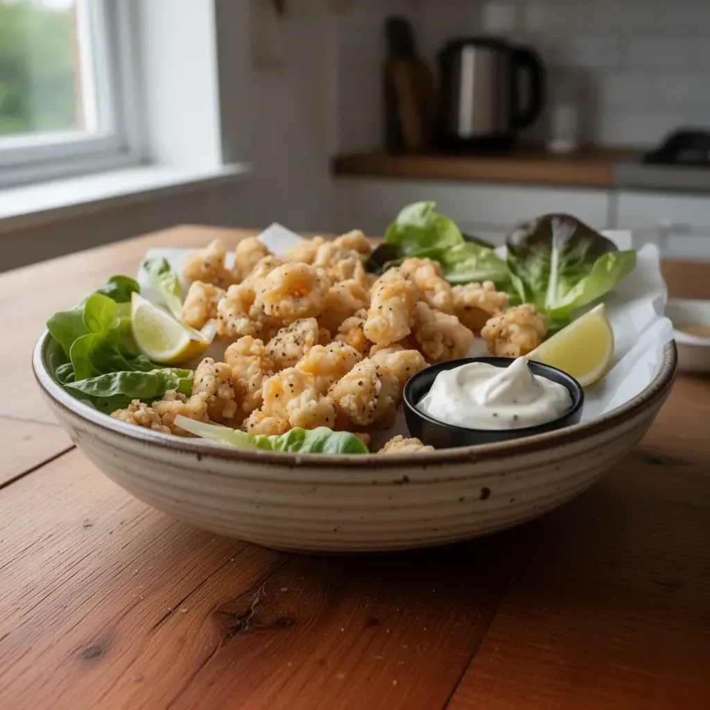 Plate of crispy salt and pepper squid served with dipping sauce and lemon wedges.