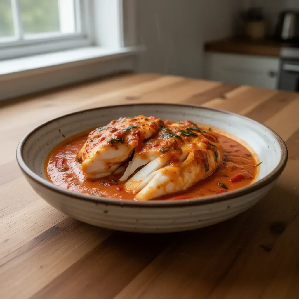 Savory tilapia fillet in roasted pepper sauce served on a plate