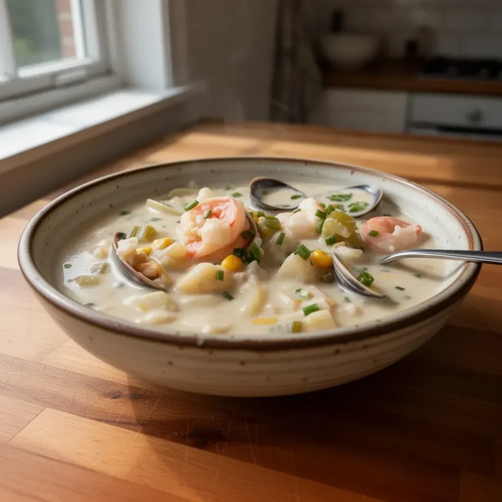 Bowl of rich and creamy seafood chowder garnished with herbs