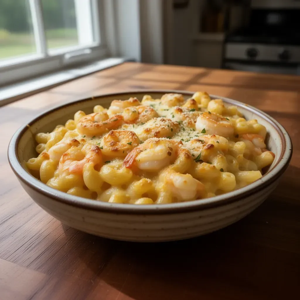 Delicious Seafood Mac & Cheese Bake topped with breadcrumbs and seafood