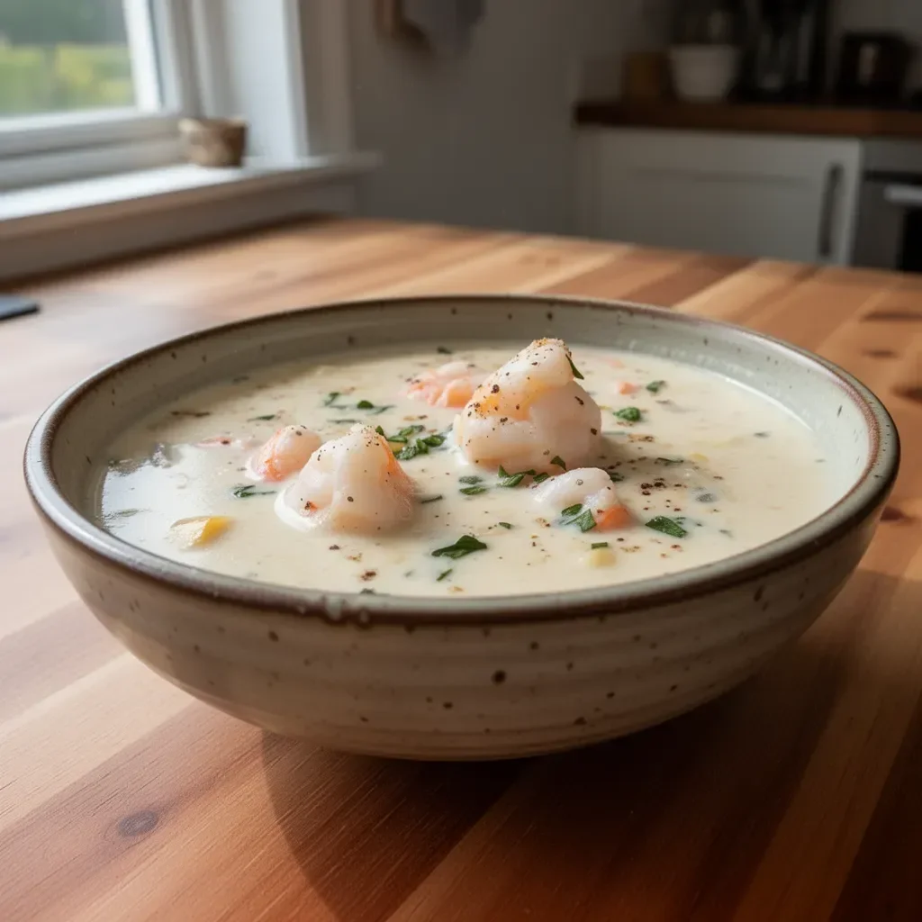 Bowl of creamy shrimp chowder topped with herbs and spices.