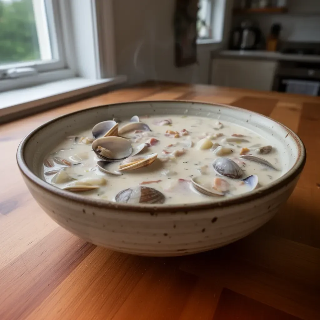 Delicious slow cooker clam chowder served in a bowl with fresh herbs
