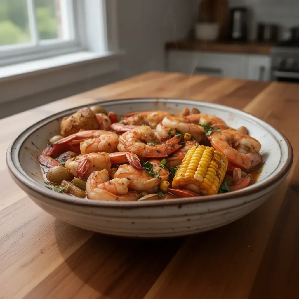 Delicious slow cooker shrimp boil with shrimp, potatoes, and corn