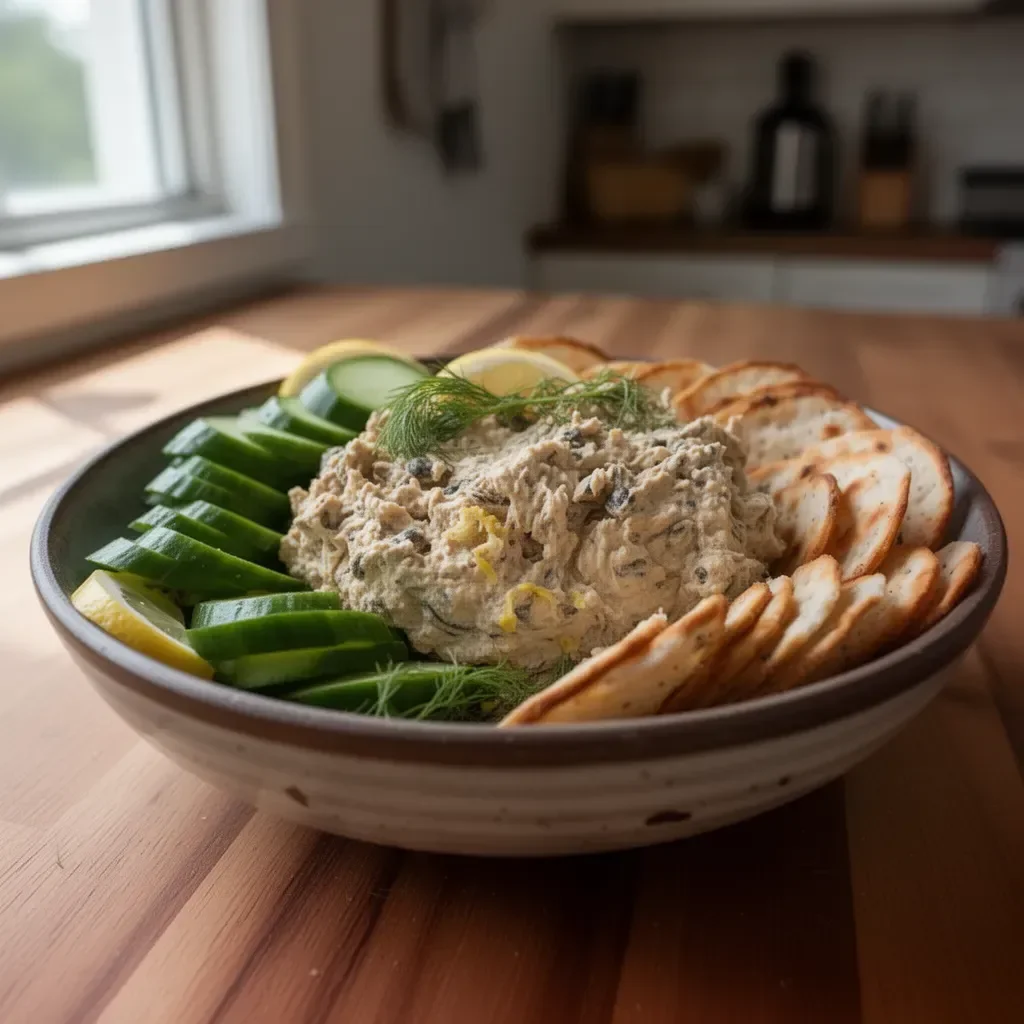 Creamy smoked oyster dip served in a bowl with crackers