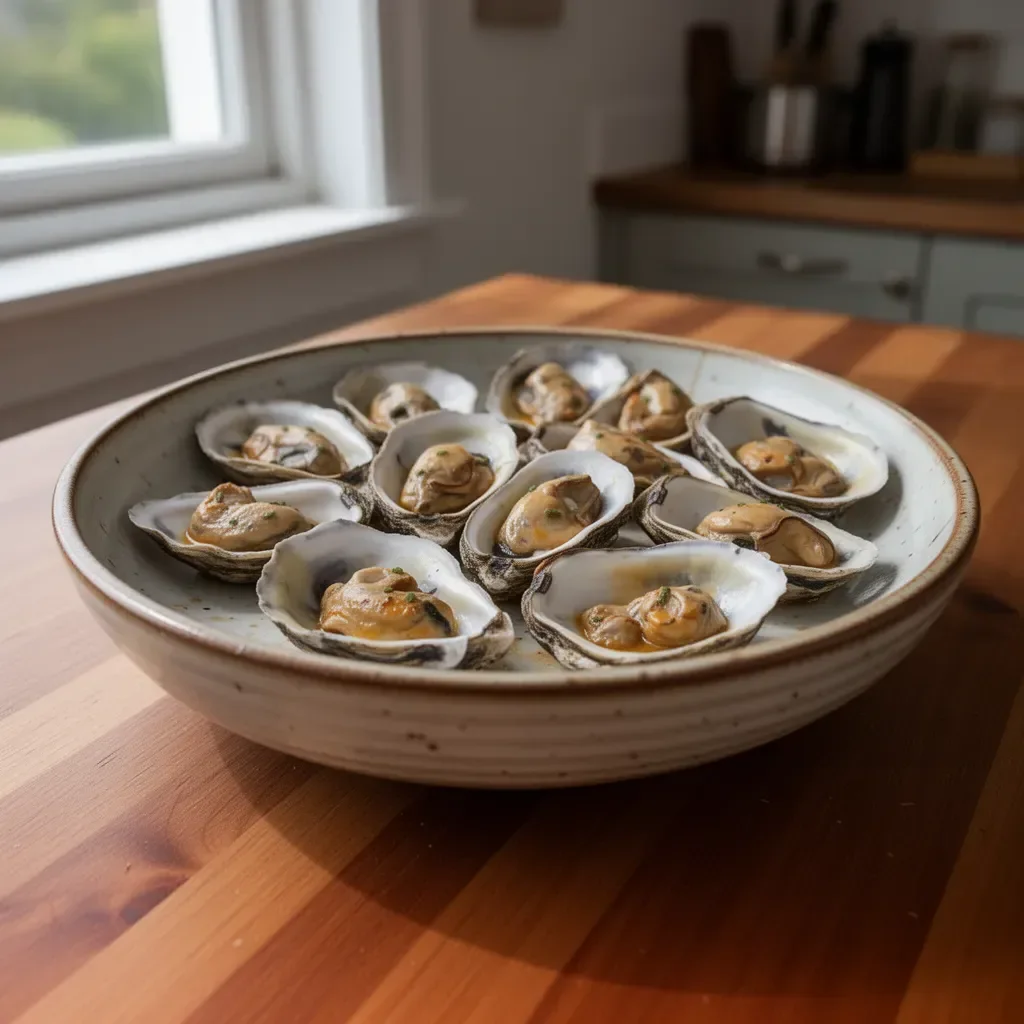 Delicious smoked oysters served as an elegant appetizer on a platter.