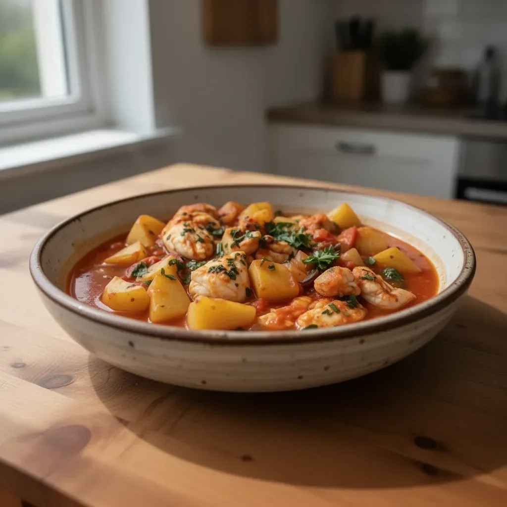 Delicious Spanish fish stew with potatoes served in a bowl