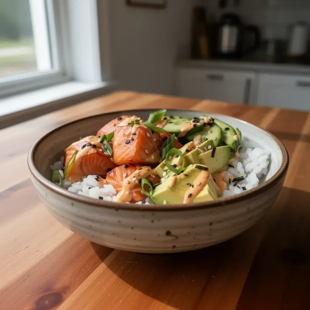 Spicy Salmon Roll Bowl topped with fresh ingredients and sauces