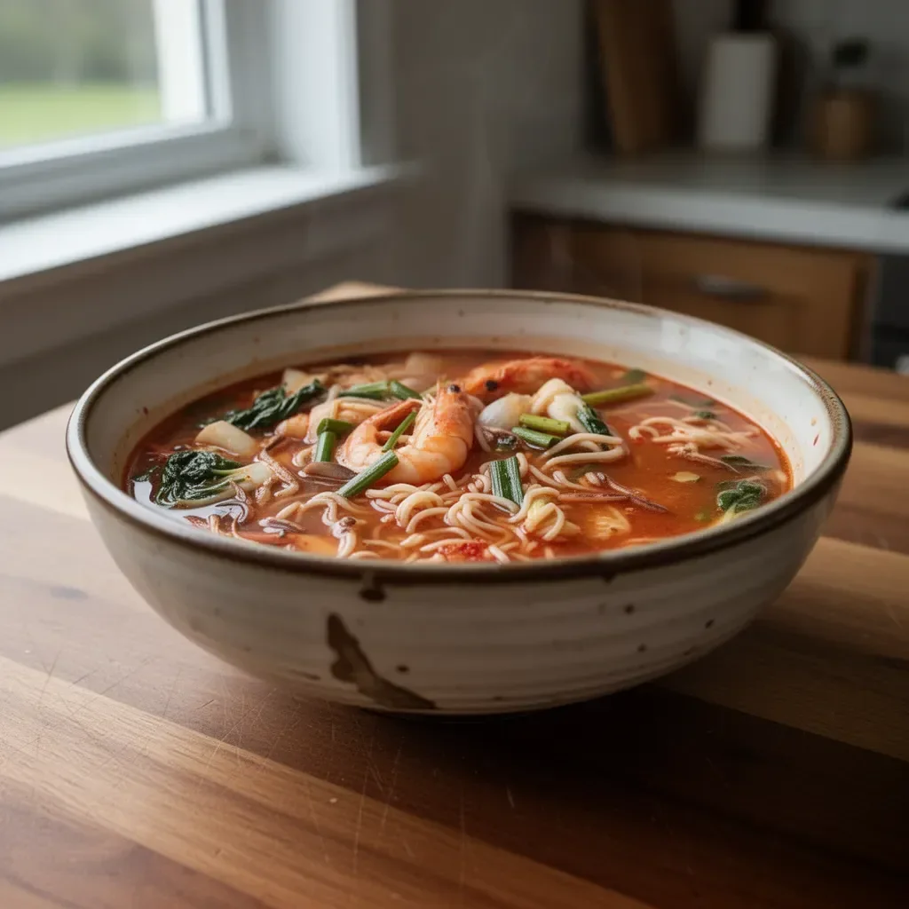 Bowl of spicy seafood noodle soup with shrimp, squid, and herbs