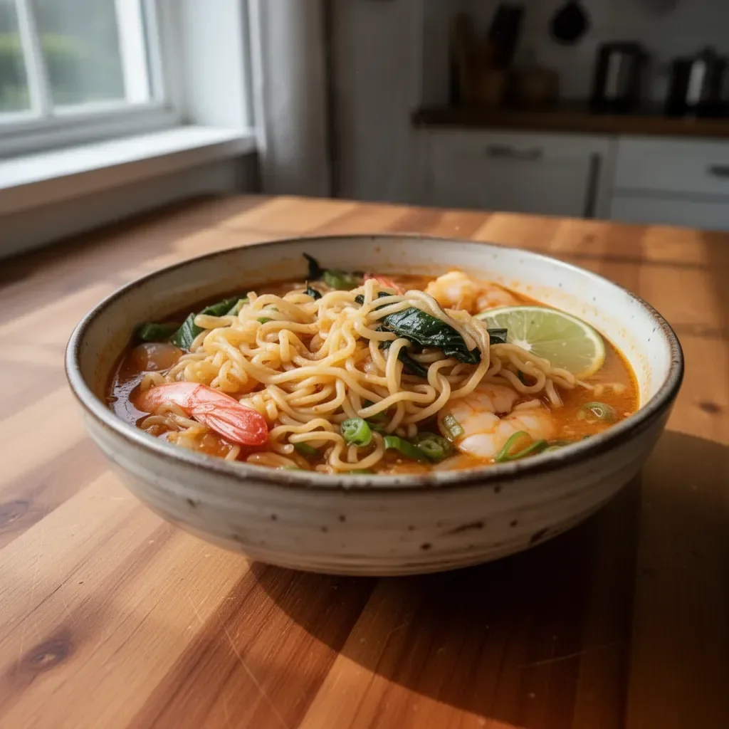 Bowl of spicy shrimp ramen with vibrant veggies and a rich broth