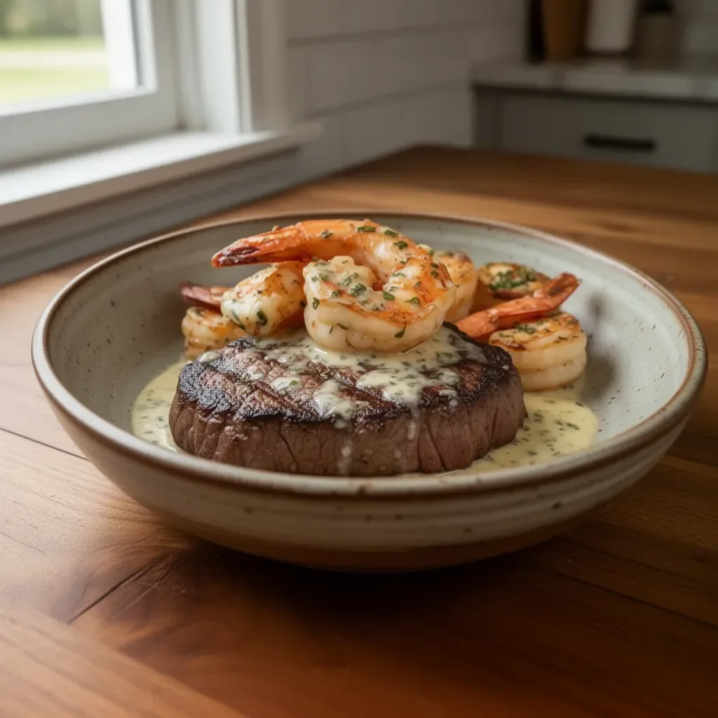Delicious steak and shrimp with garlic sauce served on a plate
