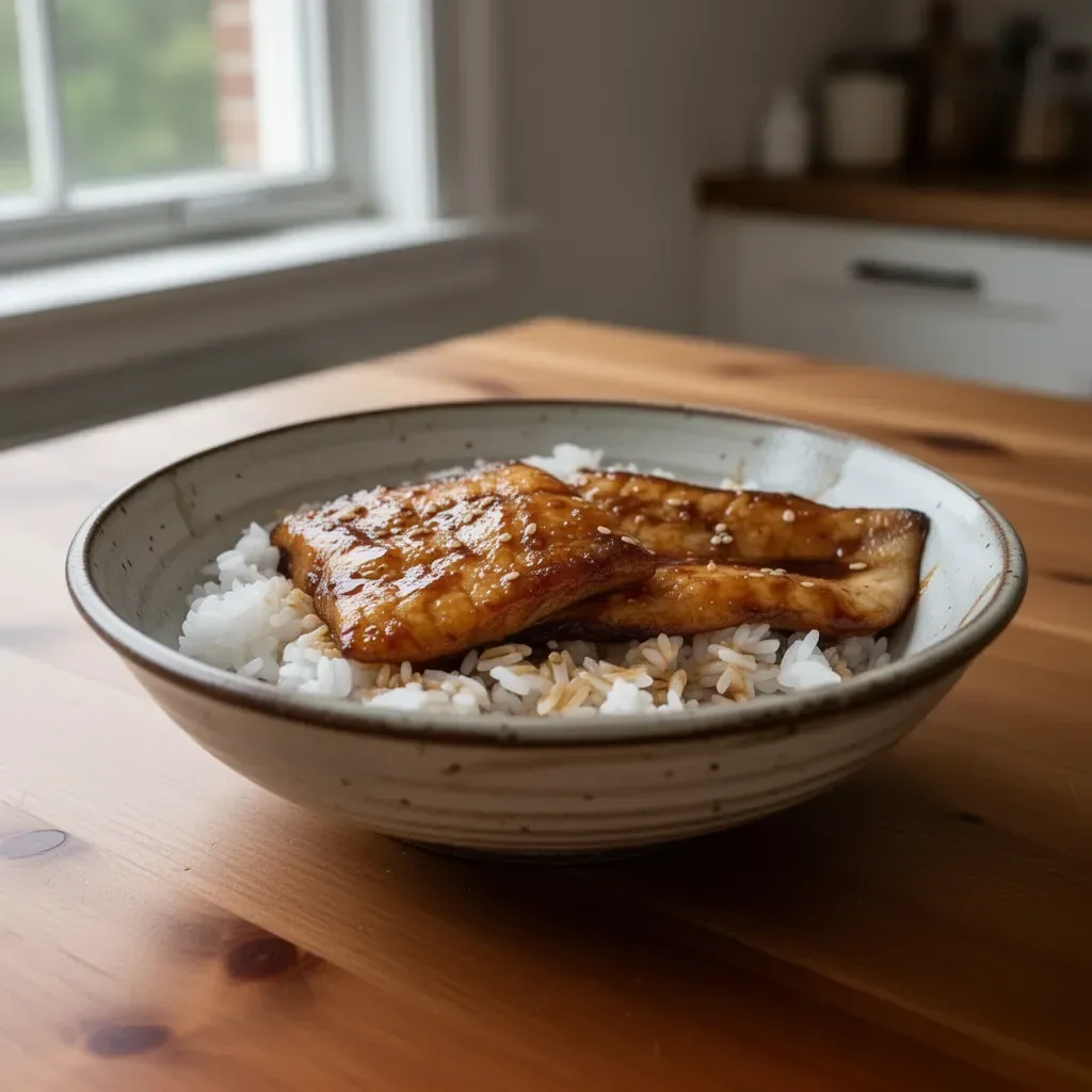 Sweet Soy Glazed Basa Fillet garnished with herbs on a plate