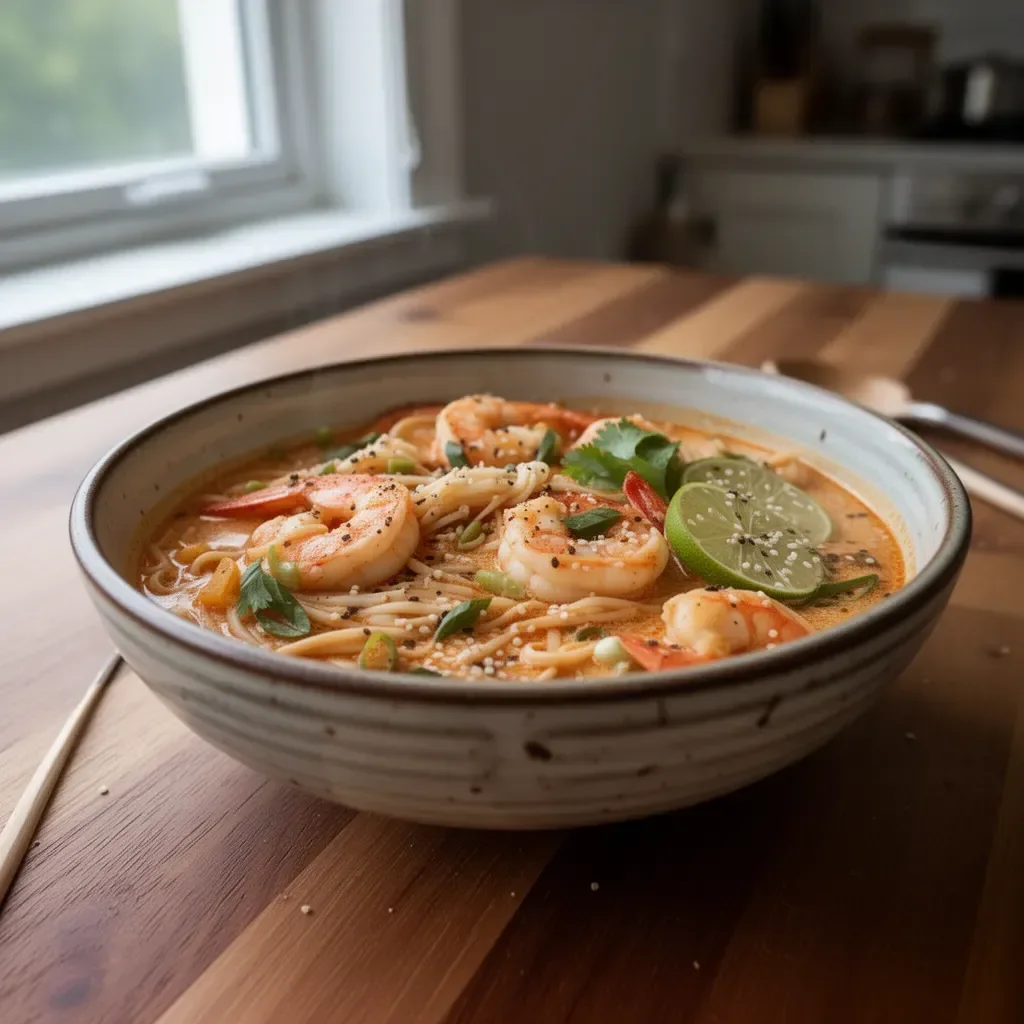 Bowl of Thai red curry shrimp soup with fresh shrimp and herbs