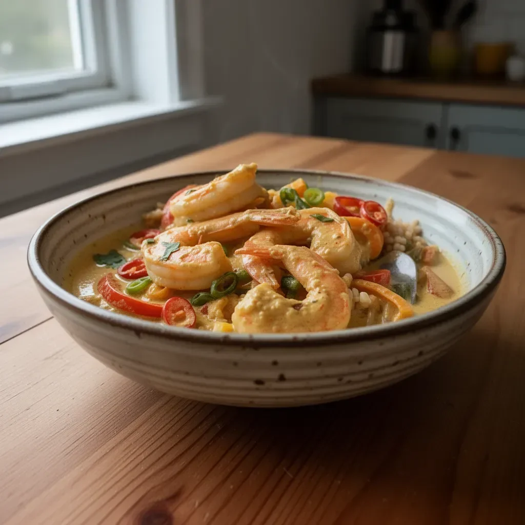 Plate of Thai shrimp cooked in coconut curry sauce