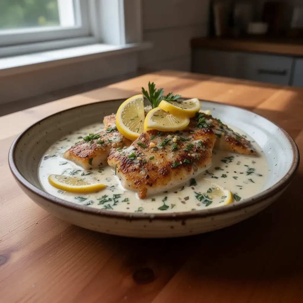 Delicious tilapia fillet topped with creamy lemon sauce on a plate