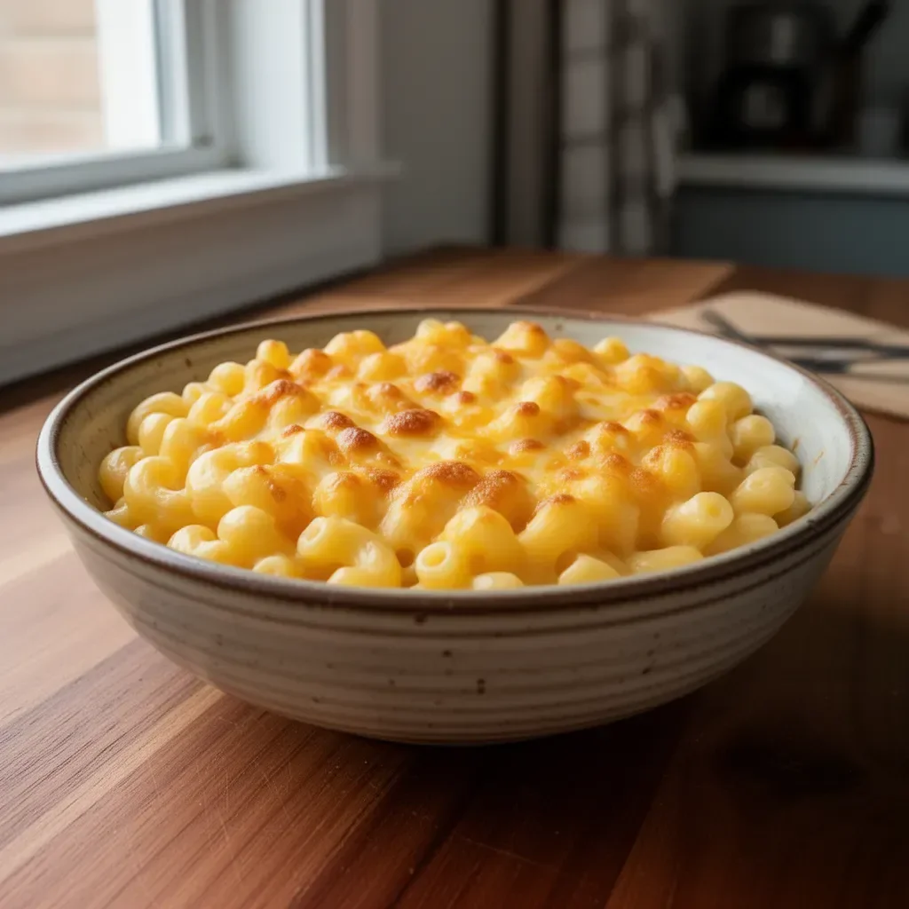 A bowl of Tini's creamy Mac and Cheese topped with breadcrumbs.