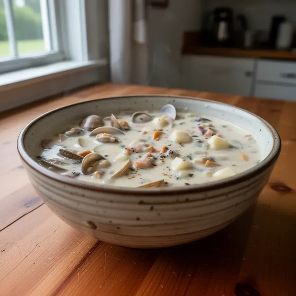 Bowl of traditional New England clam chowder garnished with parsley.