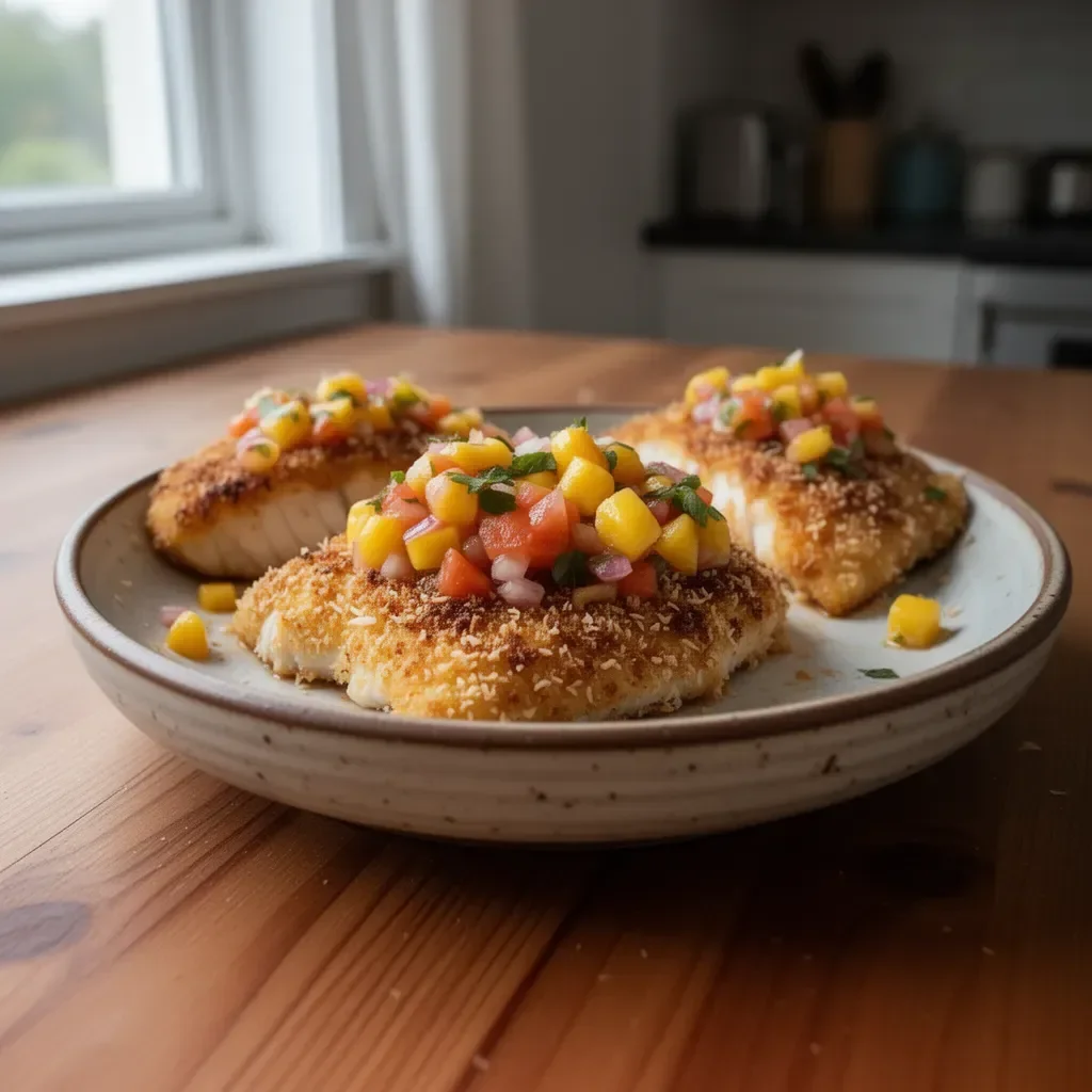 Coconut crusted fish served with vibrant mango salsa on a tropical plate