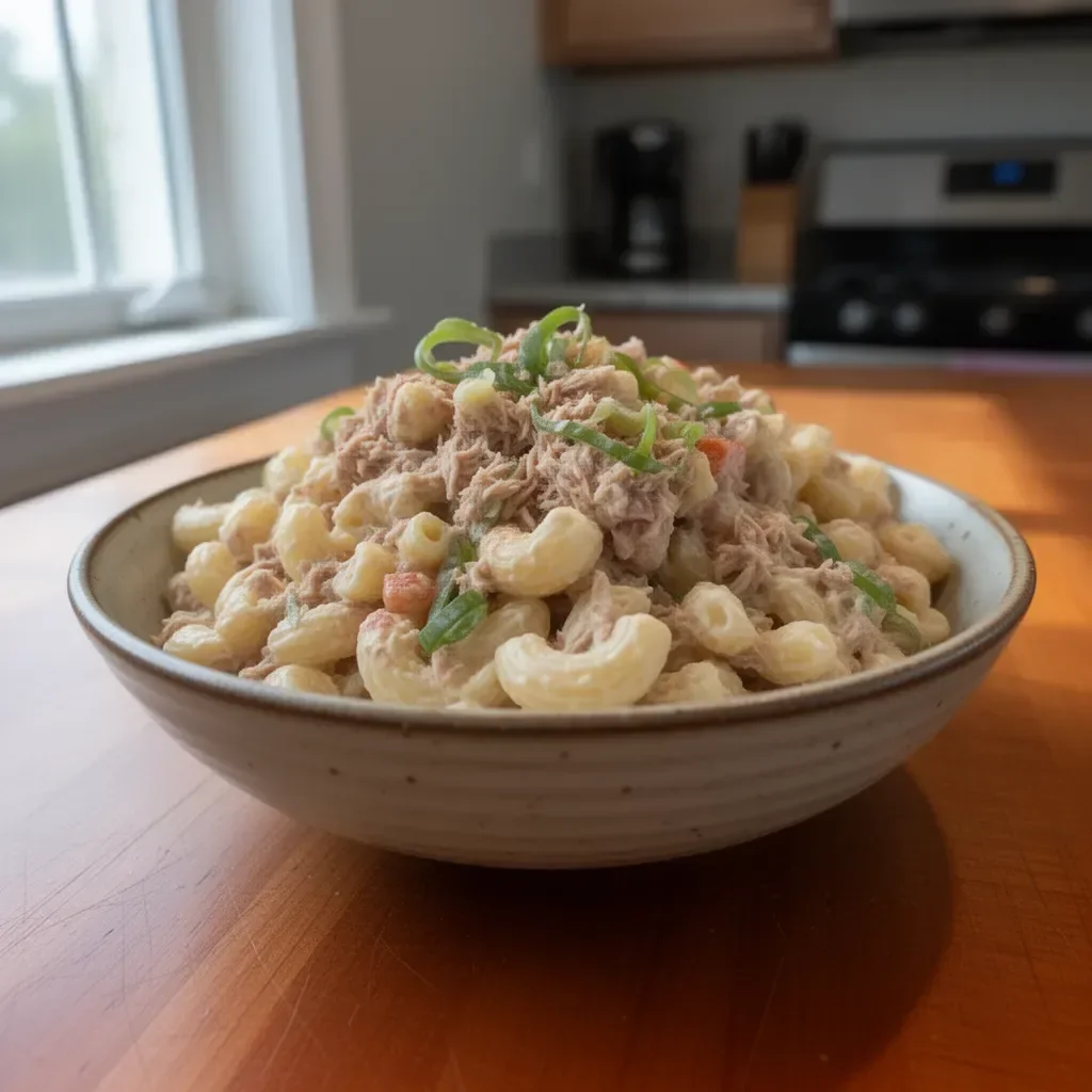 Bowl of delicious Tuna Macaroni Salad with colorful vegetables