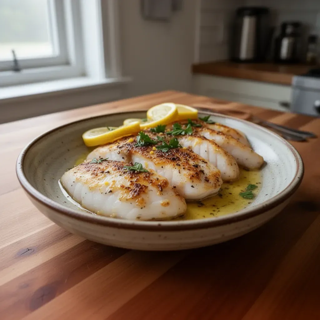 Zesty lemon butter fish fillet served on a plate with lemon slices and herbs